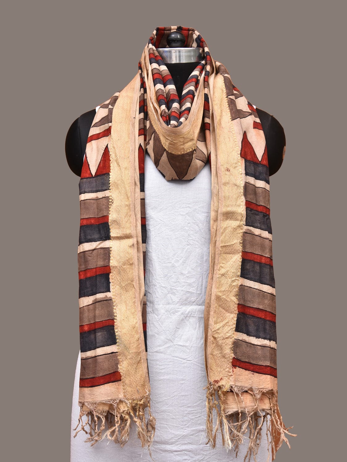 Multicolor Kalamkari Hand Painted Sico Handloom Dupatta with Strips Design - Global Threads | Swadesiicart