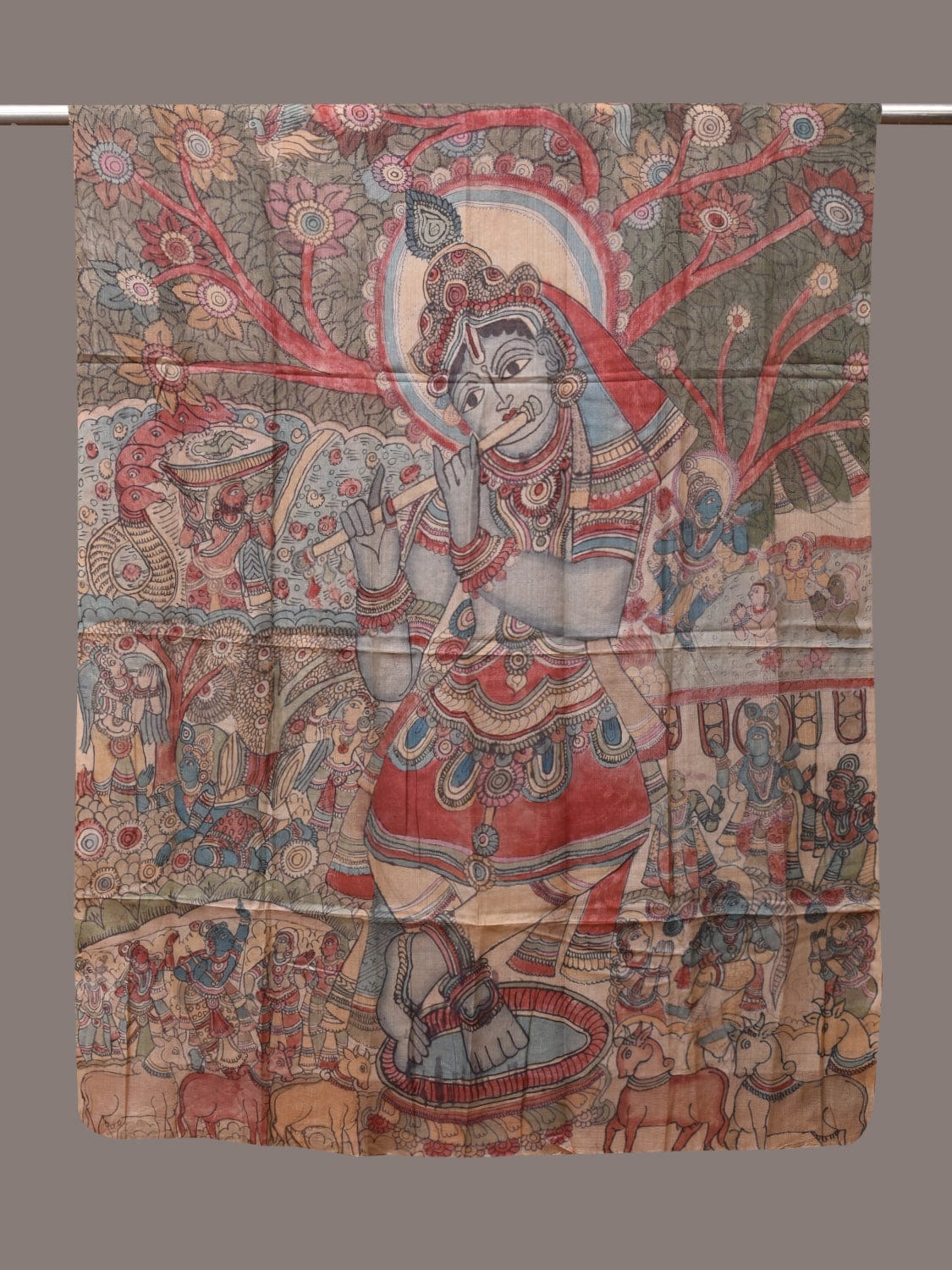 Multicolor Kalamkari Hand Painted Tussar Handloom Dupatta with Krishna Design - Global Threads | Swadesiicart