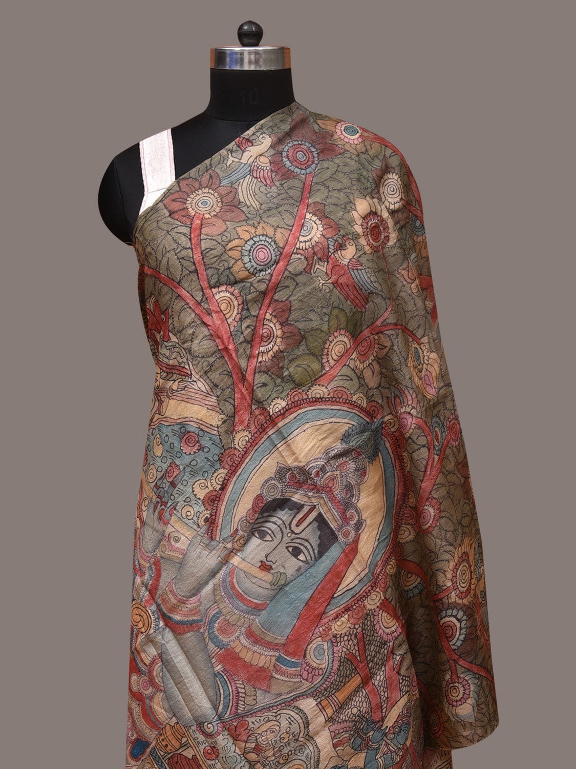 Multicolor Kalamkari Hand Painted Tussar Handloom Dupatta with Krishna Design - Global Threads | Swadesiicart