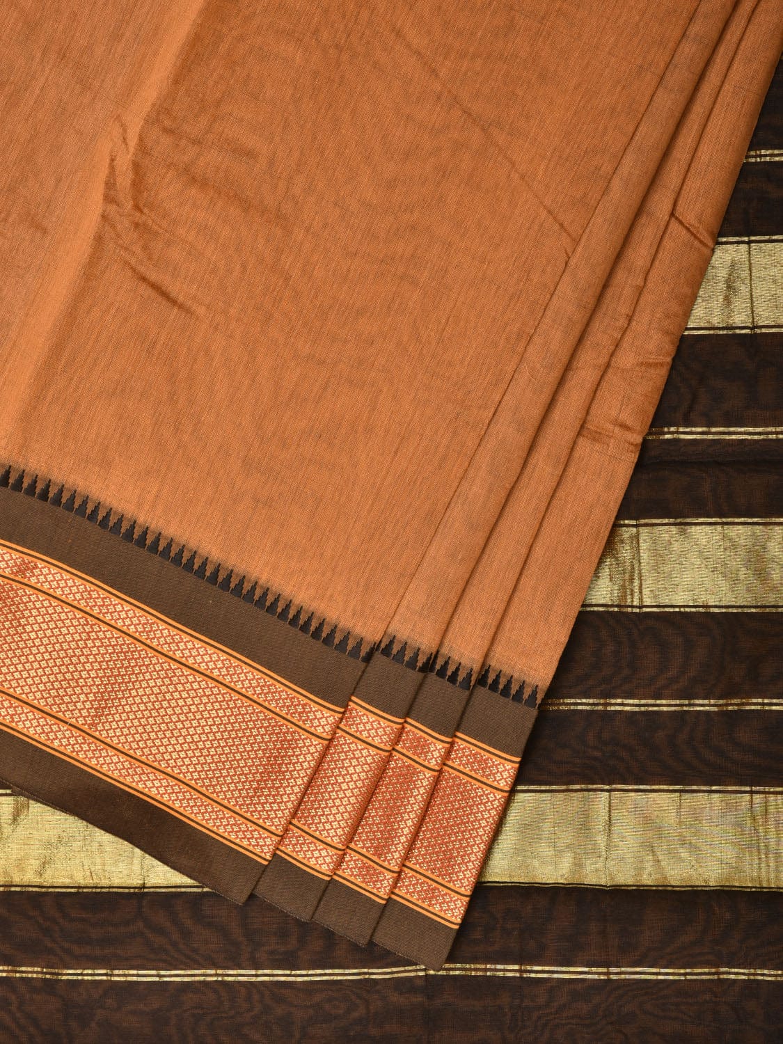 Mustard and Black Bamboo Cotton Plain Saree with Strips Pallu Design No Blouse - Global Threads | Swadesiicart
