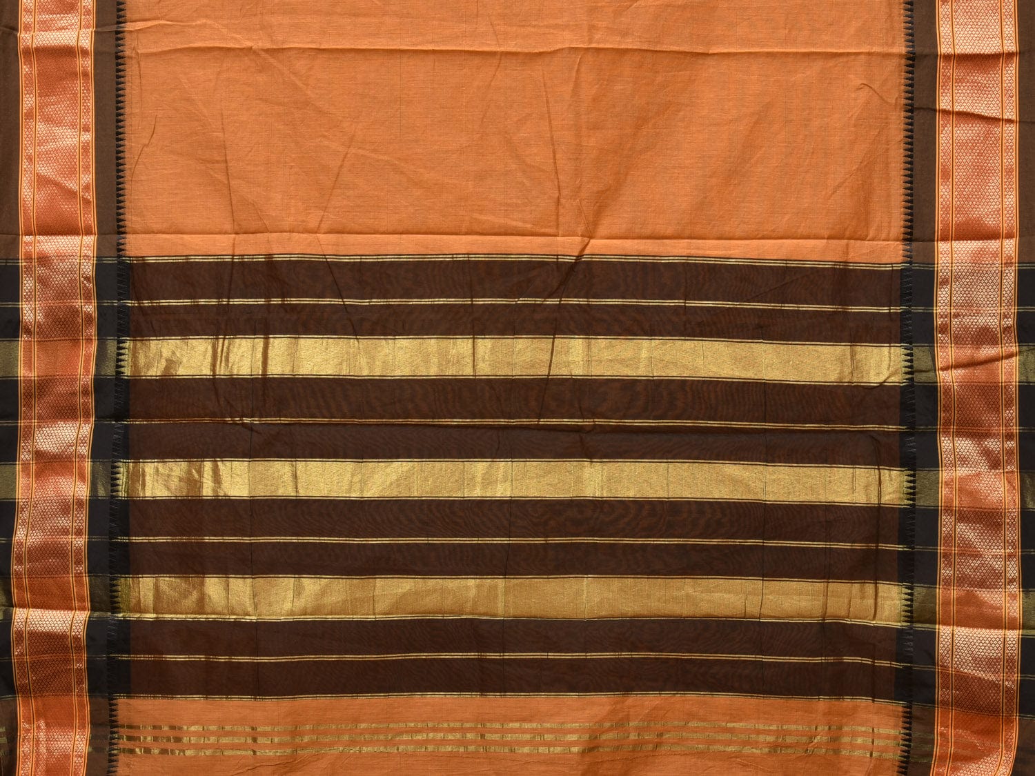 Mustard and Black Bamboo Cotton Plain Saree with Strips Pallu Design No Blouse - Global Threads | Swadesiicart