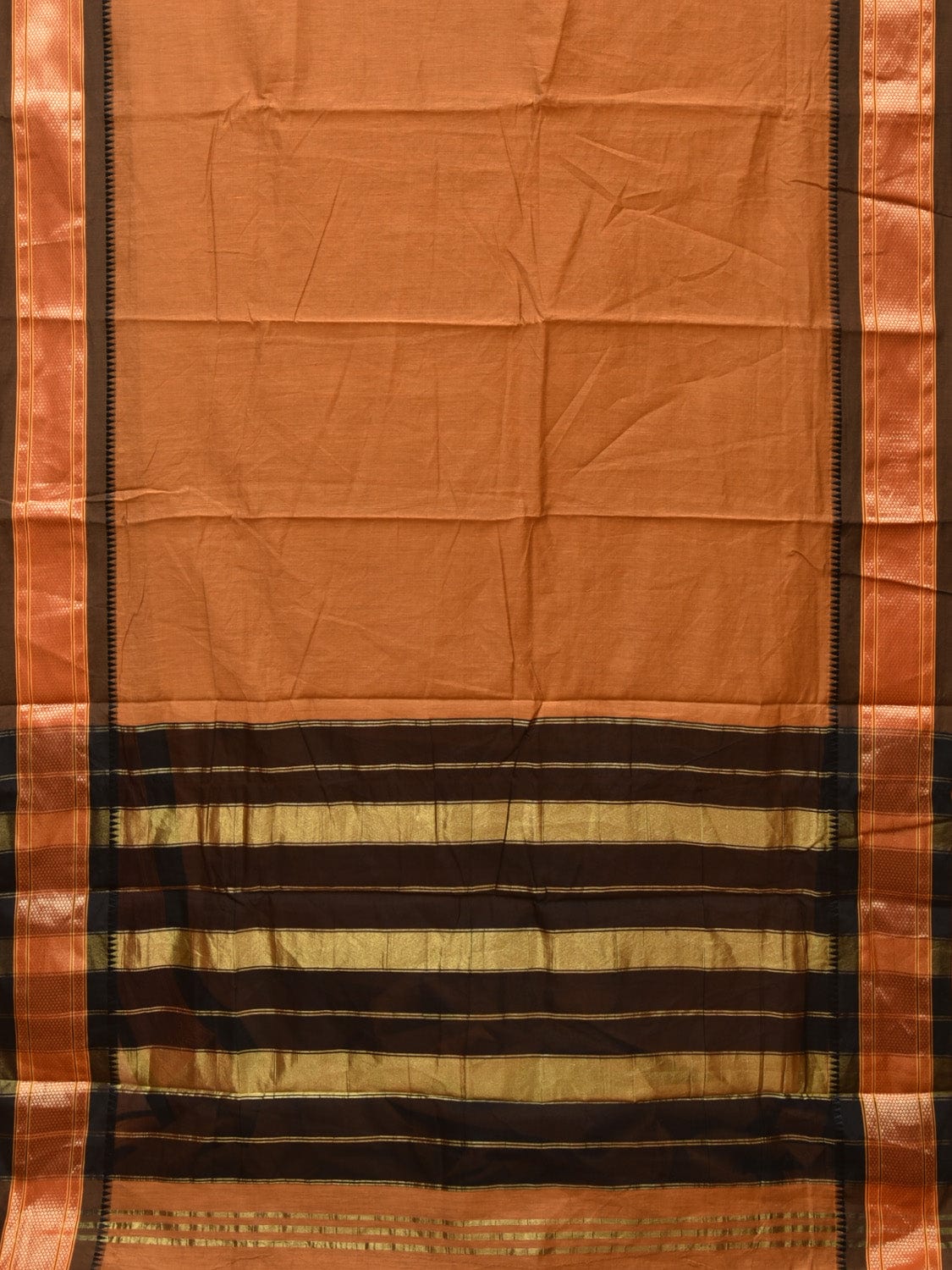 Mustard and Black Bamboo Cotton Plain Saree with Strips Pallu Design No Blouse - Global Threads | Swadesiicart