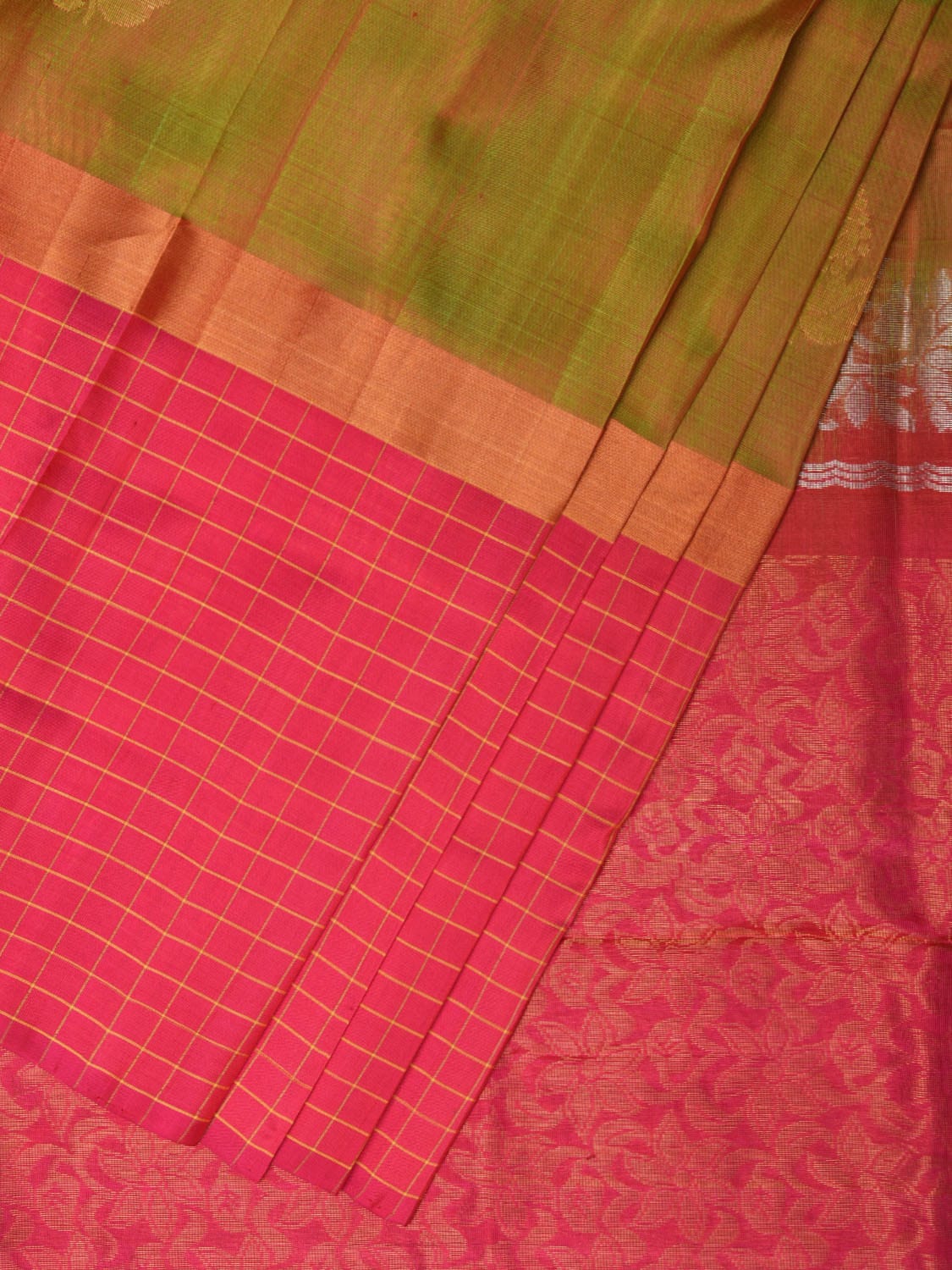 Mustard and Pink Uppada Silk Handloom Saree with Body Buta and Checks Border Design - Global Threads | Swadesiicart