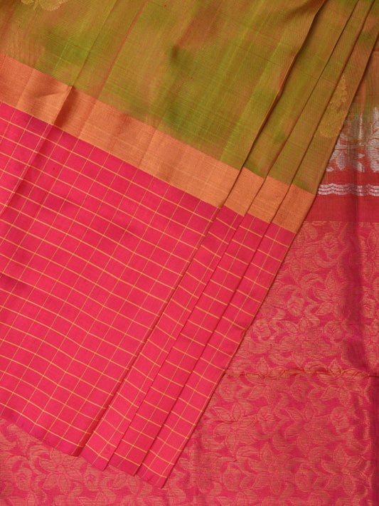 Mustard and Pink Uppada Silk Handloom Saree with Body Buta and Checks Border Design - Global Threads | Swadesiicart