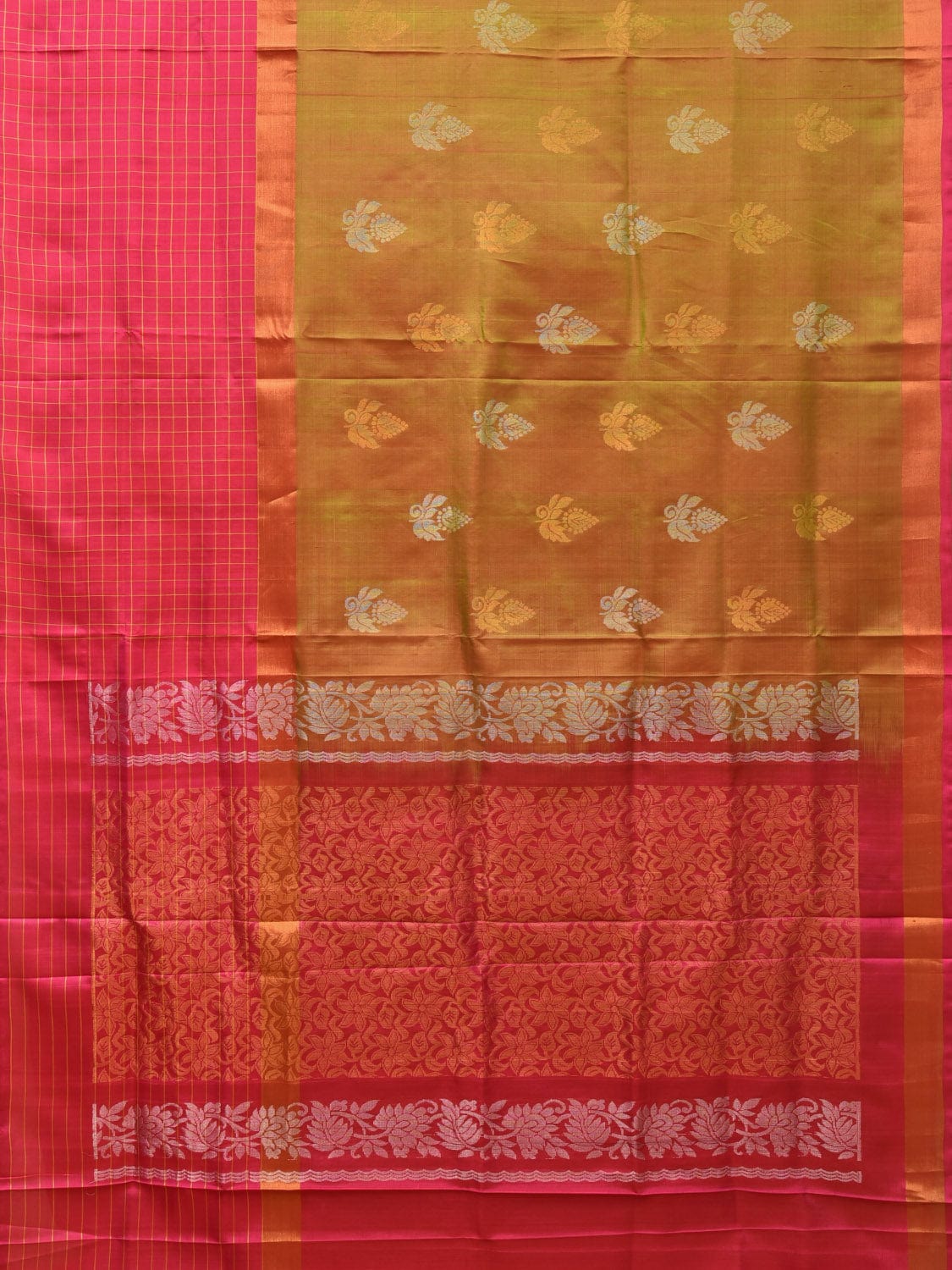 Mustard and Pink Uppada Silk Handloom Saree with Body Buta and Checks Border Design - Global Threads | Swadesiicart