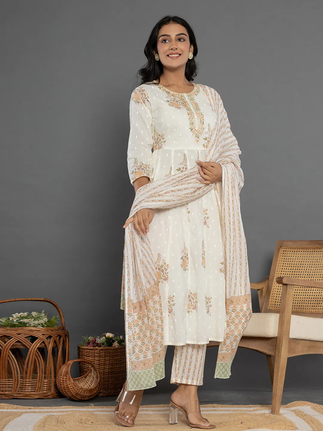Yufta Mustard Gota_Patti Cotton Anarkali Kurta Dupatta Pant Set - Swadesiicart