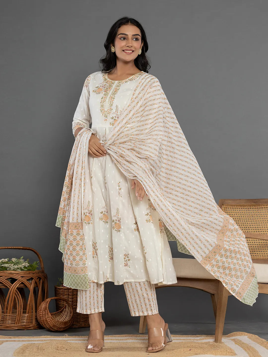 Yufta Mustard Gota_Patti Cotton Anarkali Kurta Dupatta Pant Set - Swadesiicart