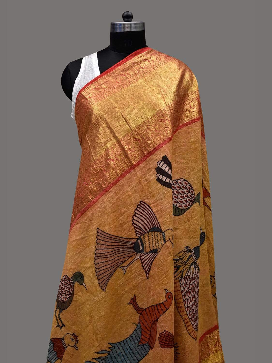 Mustard Kalamkari Hand Painted Kanchipuram Silk Handloom Dupatta with Birds Design - Global Threads | Swadesiicart