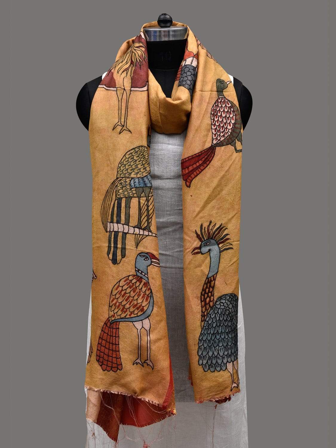 Mustard Kalamkari Hand Painted Kanchipuram Silk Handloom Dupatta with Birds Design - Global Threads | Swadesiicart