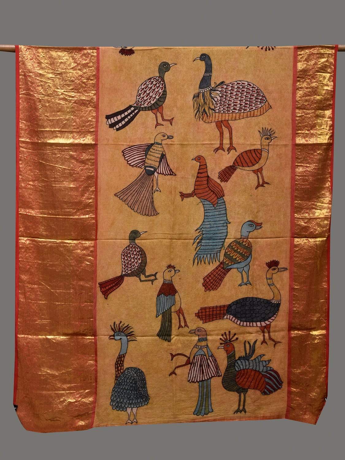 Mustard Kalamkari Hand Painted Kanchipuram Silk Handloom Dupatta with Birds Design - Global Threads | Swadesiicart
