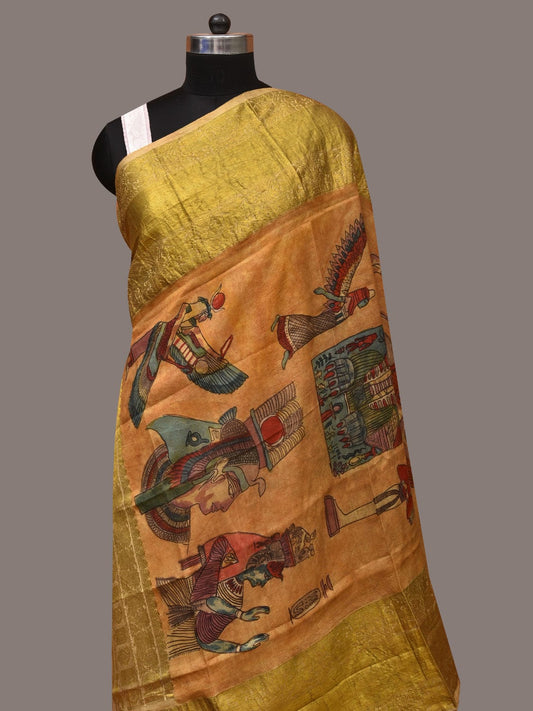 Mustard Kalamkari Hand Painted Kanchipuram Silk Handloom Dupatta with Egyptian Design - Global Threads | Swadesiicart