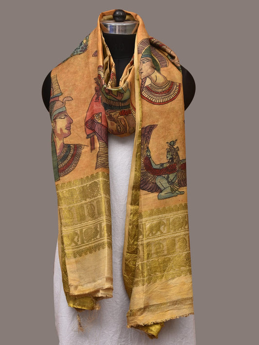 Mustard Kalamkari Hand Painted Kanchipuram Silk Handloom Dupatta with Egyptian Design - Global Threads | Swadesiicart
