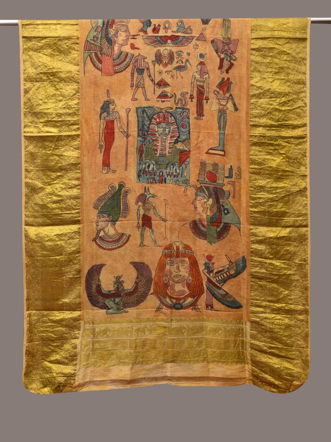 Mustard Kalamkari Hand Painted Kanchipuram Silk Handloom Dupatta with Egyptian Design - Global Threads | Swadesiicart