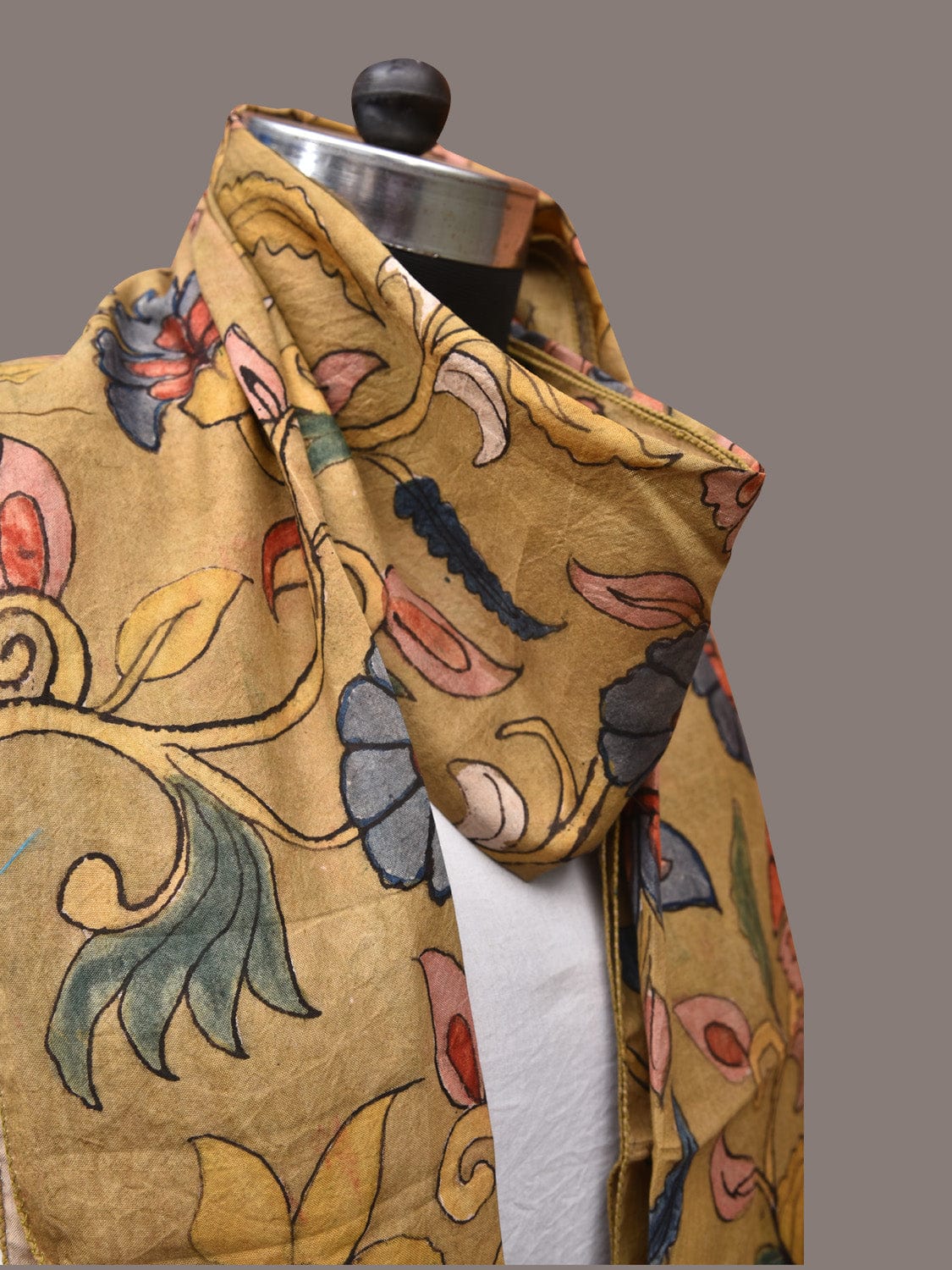Mustard Kalamkari Hand Painted Sico Stole with Floral and Birds Design - Global Threads | Swadesiicart