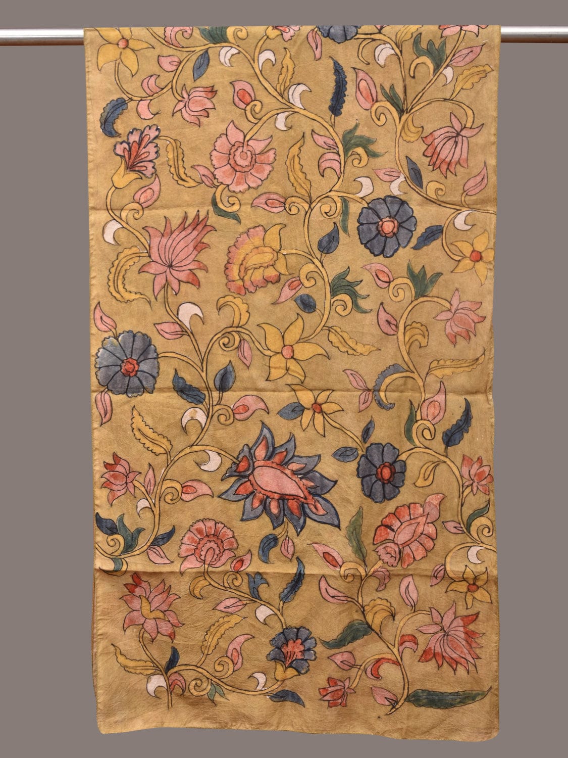 Mustard Kalamkari Hand Painted Sico Stole with Floral and Birds Design - Global Threads | Swadesiicart