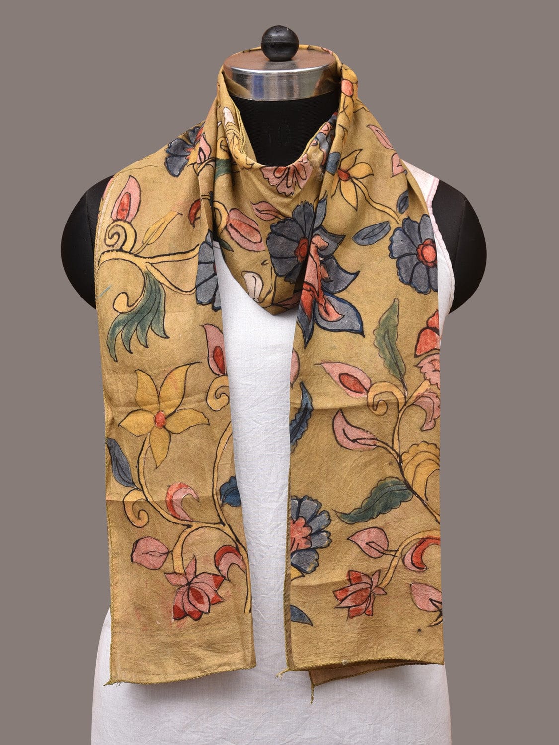Mustard Kalamkari Hand Painted Sico Stole with Floral and Birds Design - Global Threads | Swadesiicart