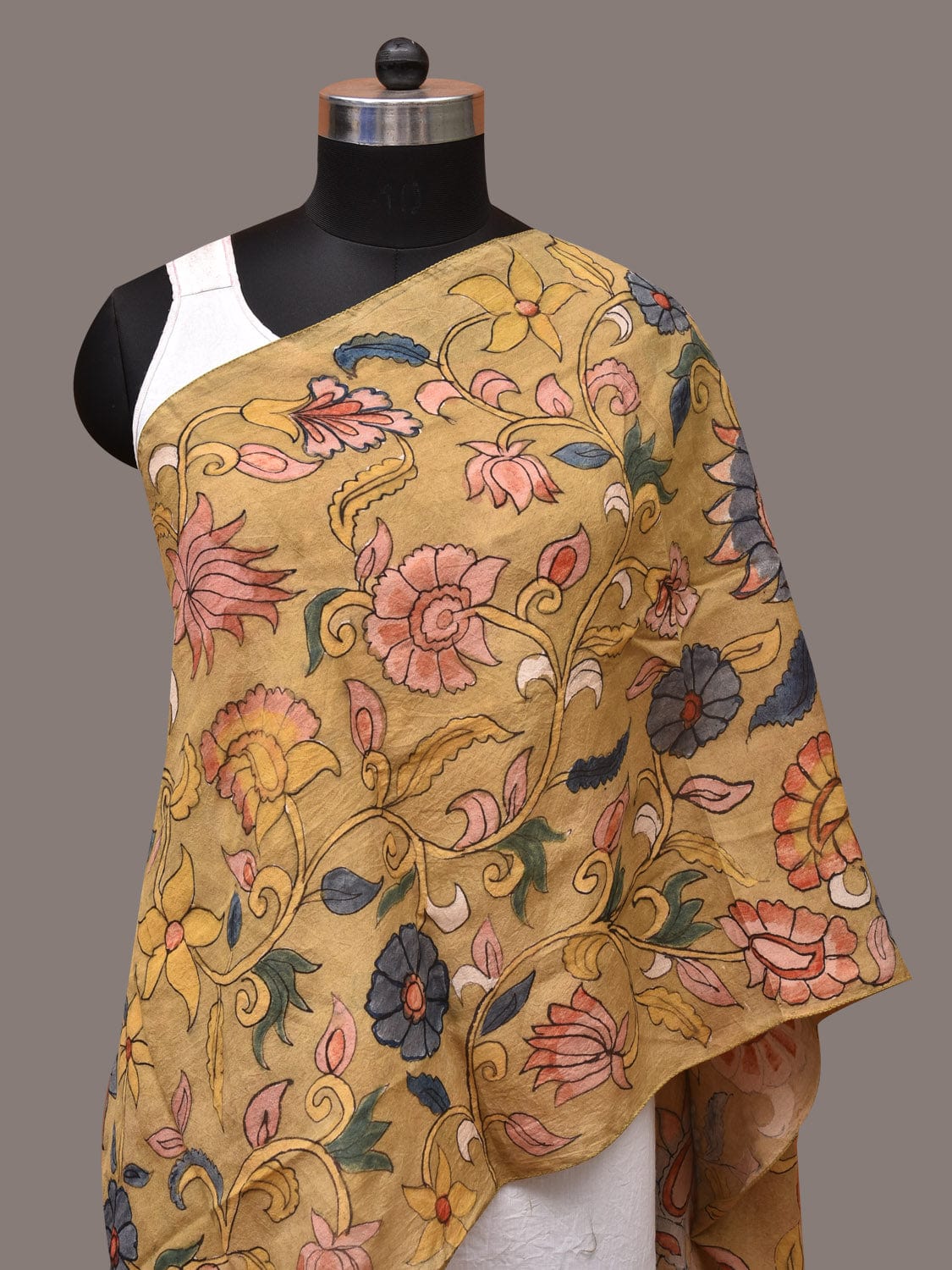 Mustard Kalamkari Hand Painted Sico Stole with Floral and Birds Design - Global Threads | Swadesiicart
