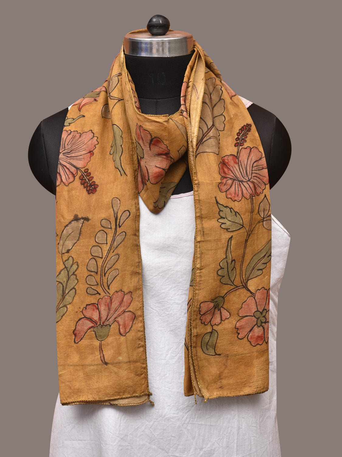 Mustard Kalamkari Hand Painted Sico Stole with Floral Design - Global Threads | Swadesiicart