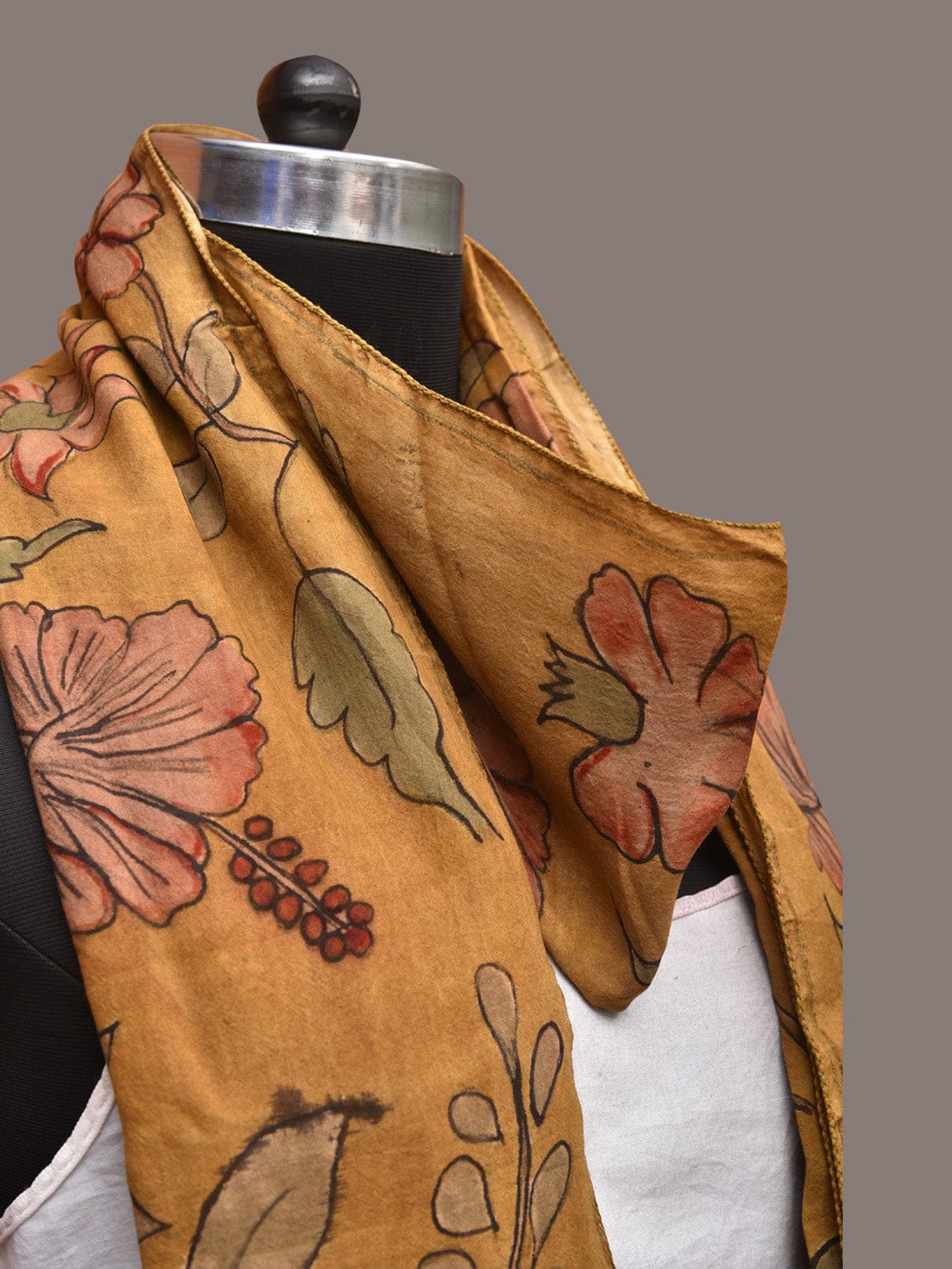 Mustard Kalamkari Hand Painted Sico Stole with Floral Design - Global Threads | Swadesiicart