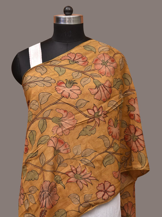 Mustard Kalamkari Hand Painted Sico Stole with Floral Design - Global Threads | Swadesiicart