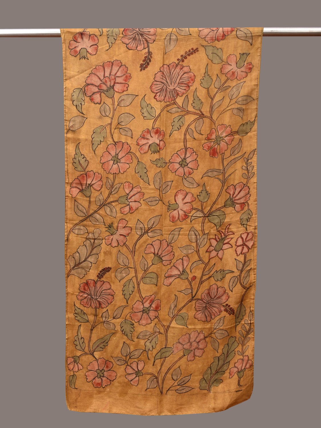 Mustard Kalamkari Hand Painted Sico Stole with Floral Design - Global Threads | Swadesiicart