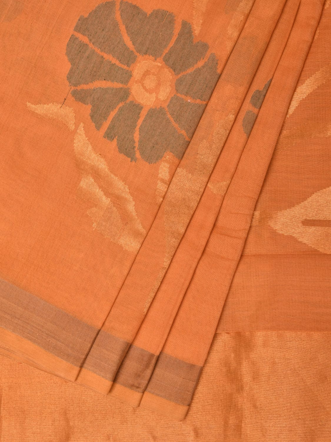 Mustard Khadi Cotton Handloom Saree with All Over Big Flowers Design - Global Threads | Swadesiicart
