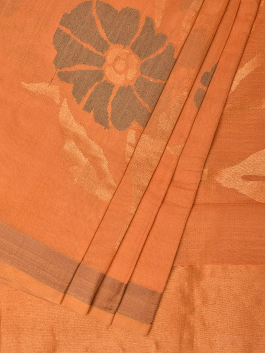 Mustard Khadi Cotton Handloom Saree with All Over Big Flowers Design - Global Threads | Swadesiicart