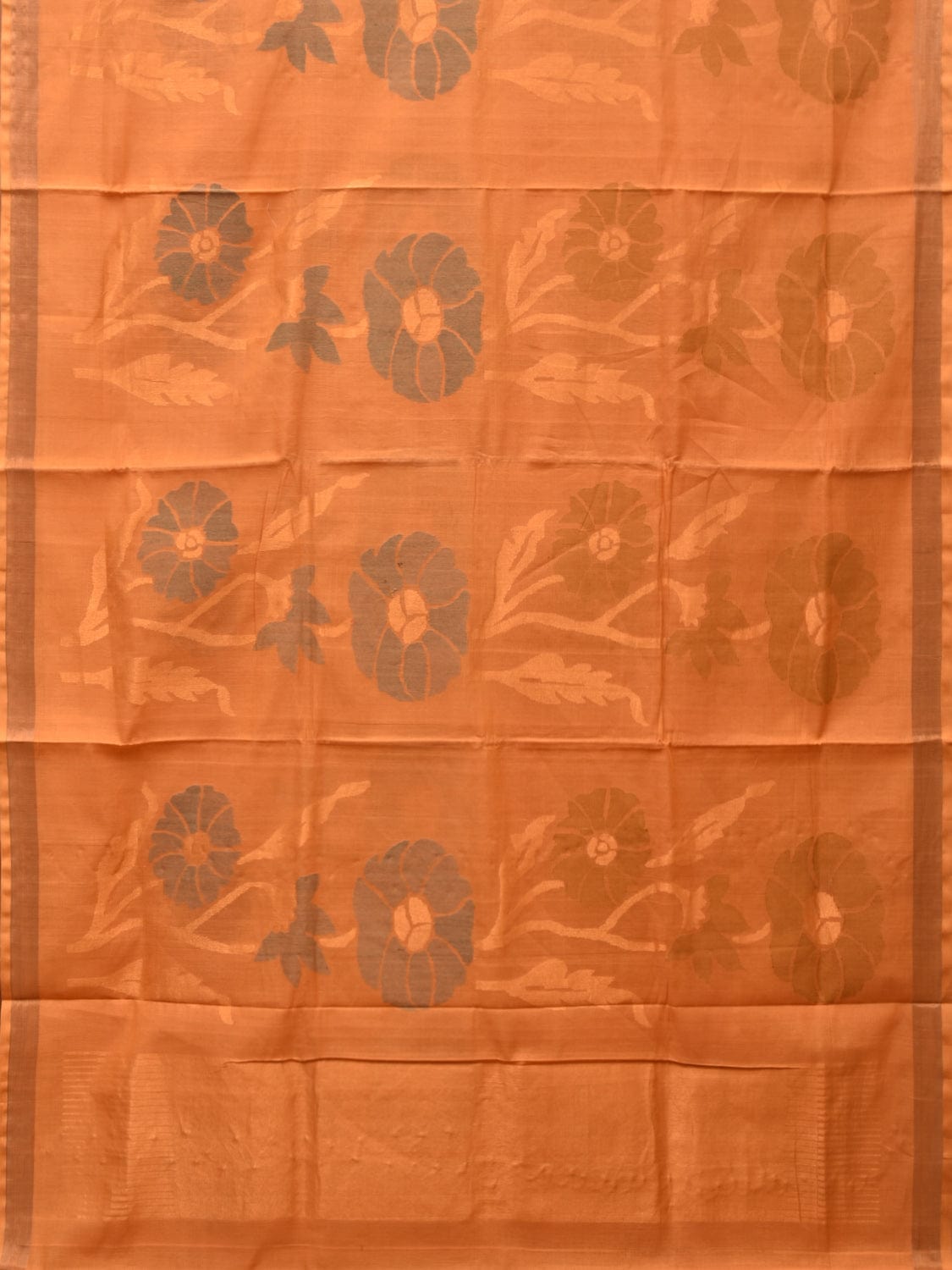 Mustard Khadi Cotton Handloom Saree with All Over Big Flowers Design - Global Threads | Swadesiicart