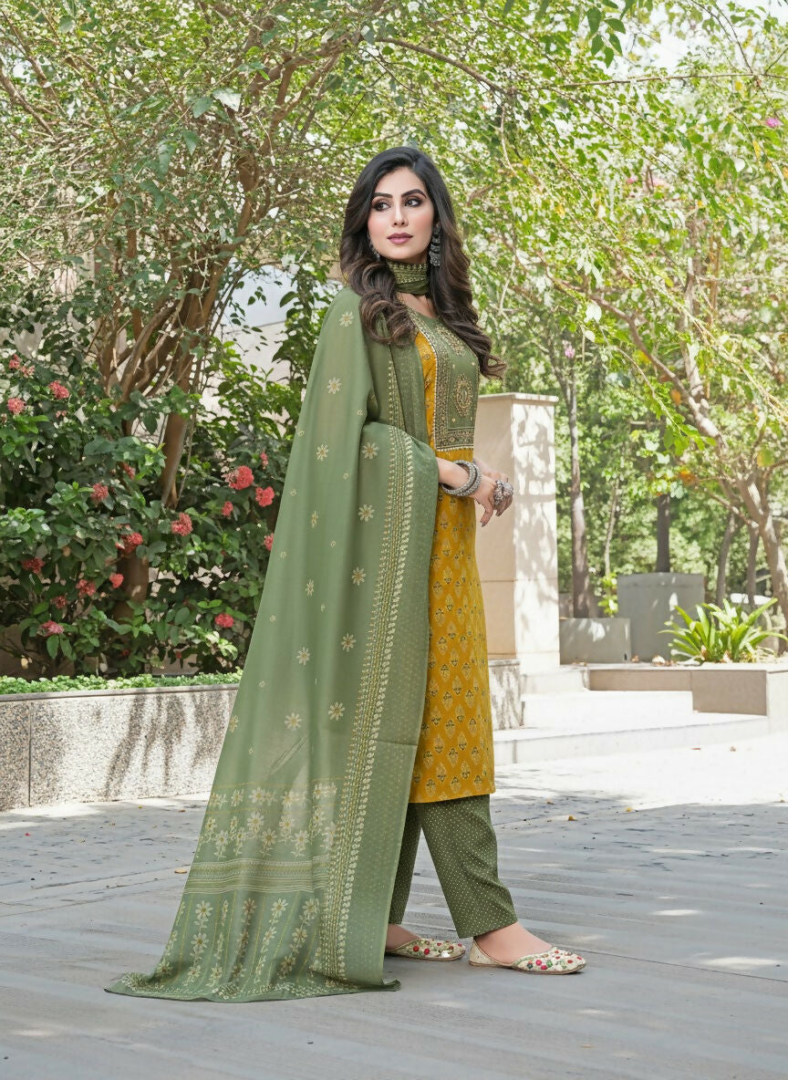 BulBul Aaliya Warm Mustard Cotton Kurta Set with Dupatta - Swadesiicart
