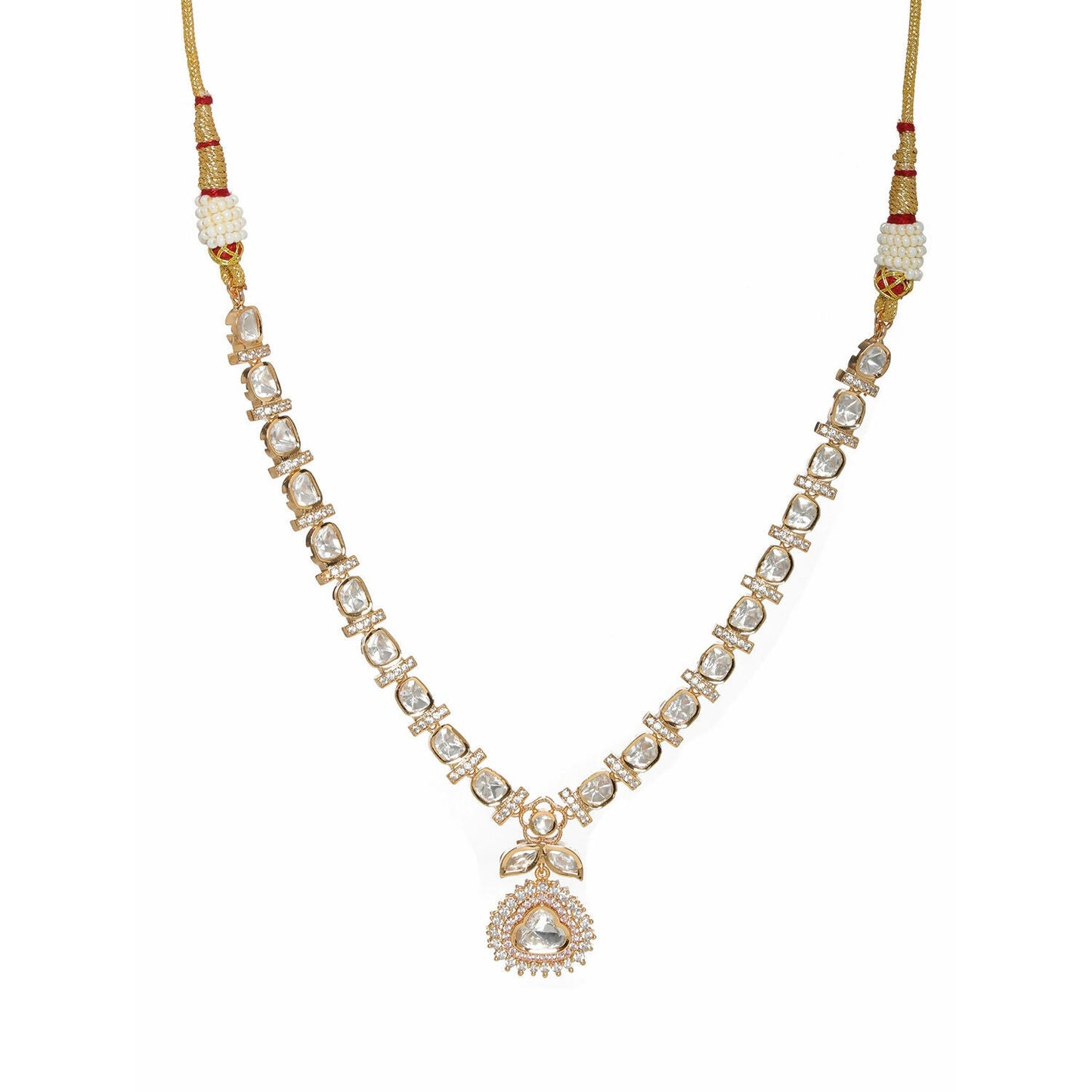 Gold and American Diamond Neckpiece with Pink Stone Center Piece (Gold) - Ruby Raang | Swadesiicart