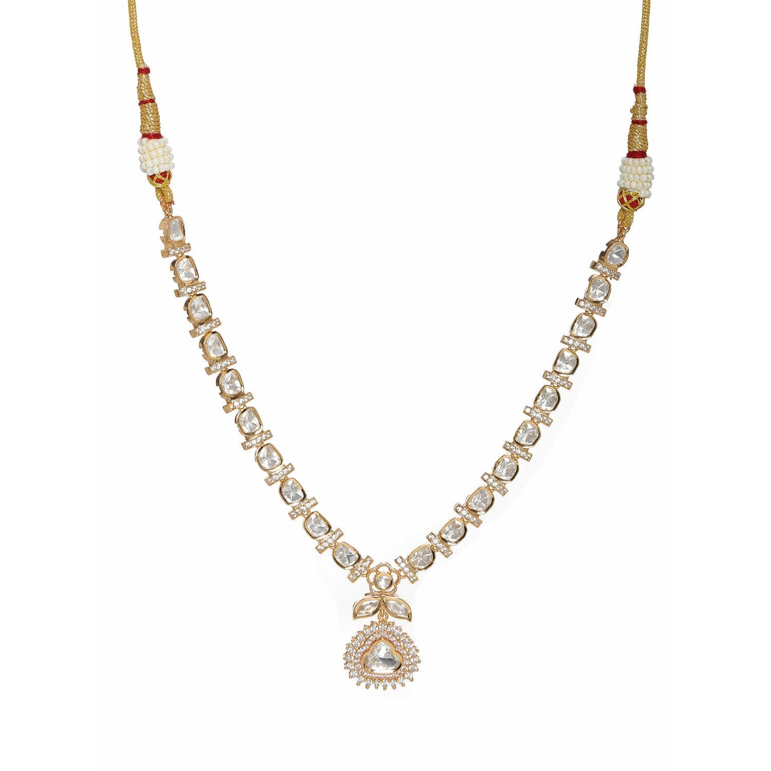 Gold and American Diamond Neckpiece with Pink Stone Center Piece (Gold) - Ruby Raang | Swadesiicart