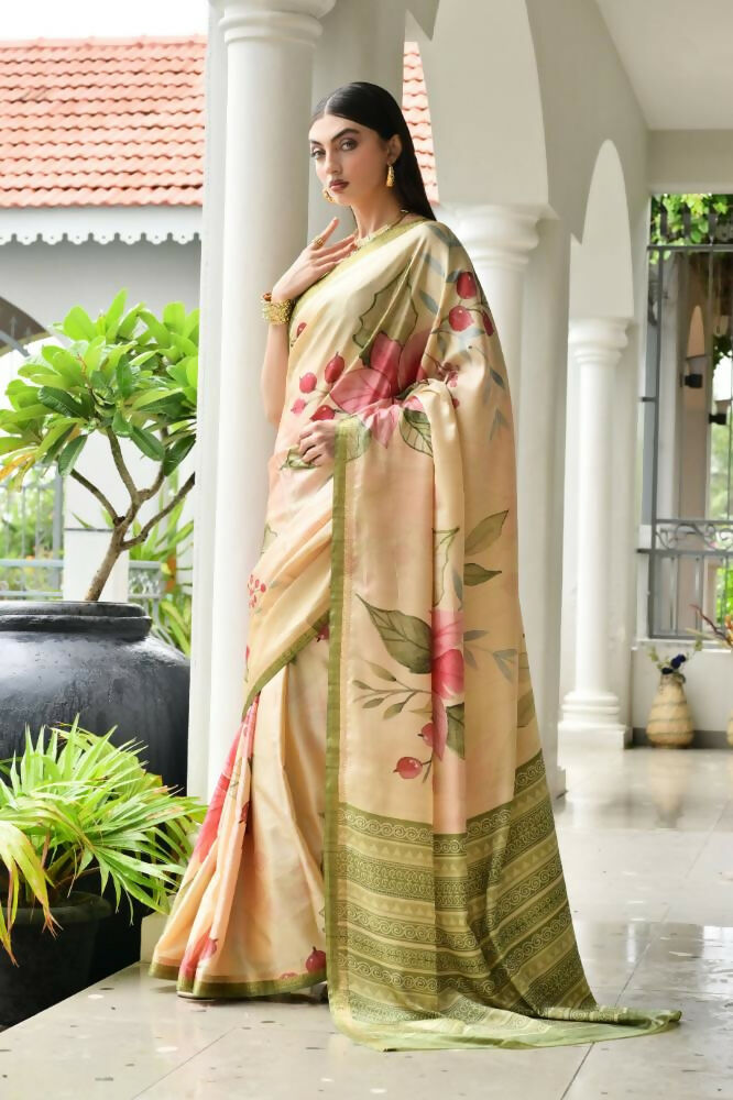 Vishnu Weaves Women's Mahendi Satin Silk Printed Saree with Blouse - Swadesiicart