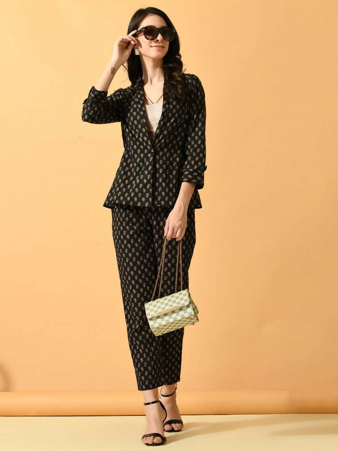 Myshka Women's Black Printed Coat With Trousers - Swadesiicart