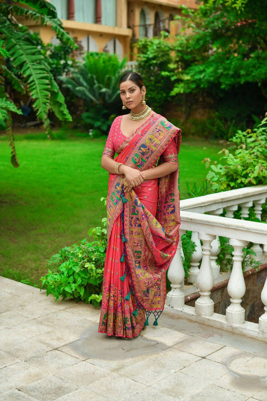 Vishnu Weaves Women's Red Banarasi Silk Kashmiri Woven Saree with Blouse - Swadesiicart