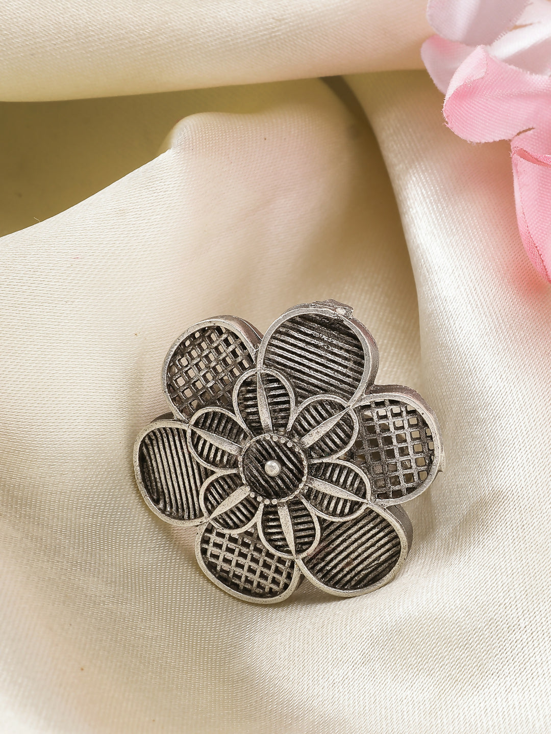 NVR Women's Silver-Toned Floral Shape Adjustable Finger Ring | Swadesiicart