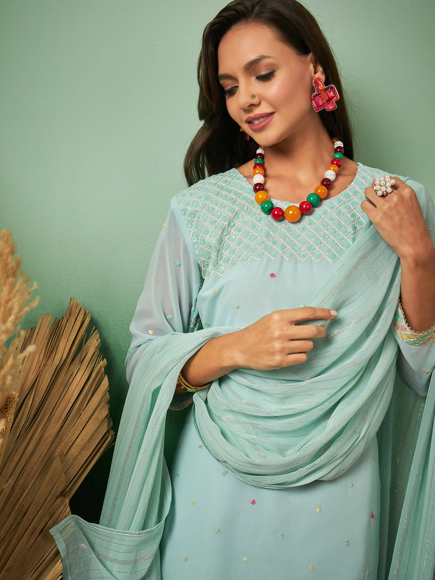 Sky Blue Georgette Handwork Unstitched Dress Material - Hanika | Swadesiicart