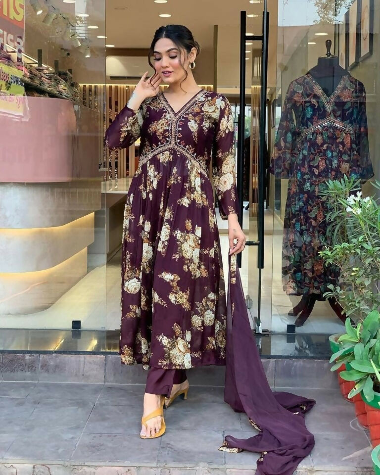 Ethnic Festive Wear Georgette Purple Stitched Suit With Dupatta - Tanisha | Swadesiicart