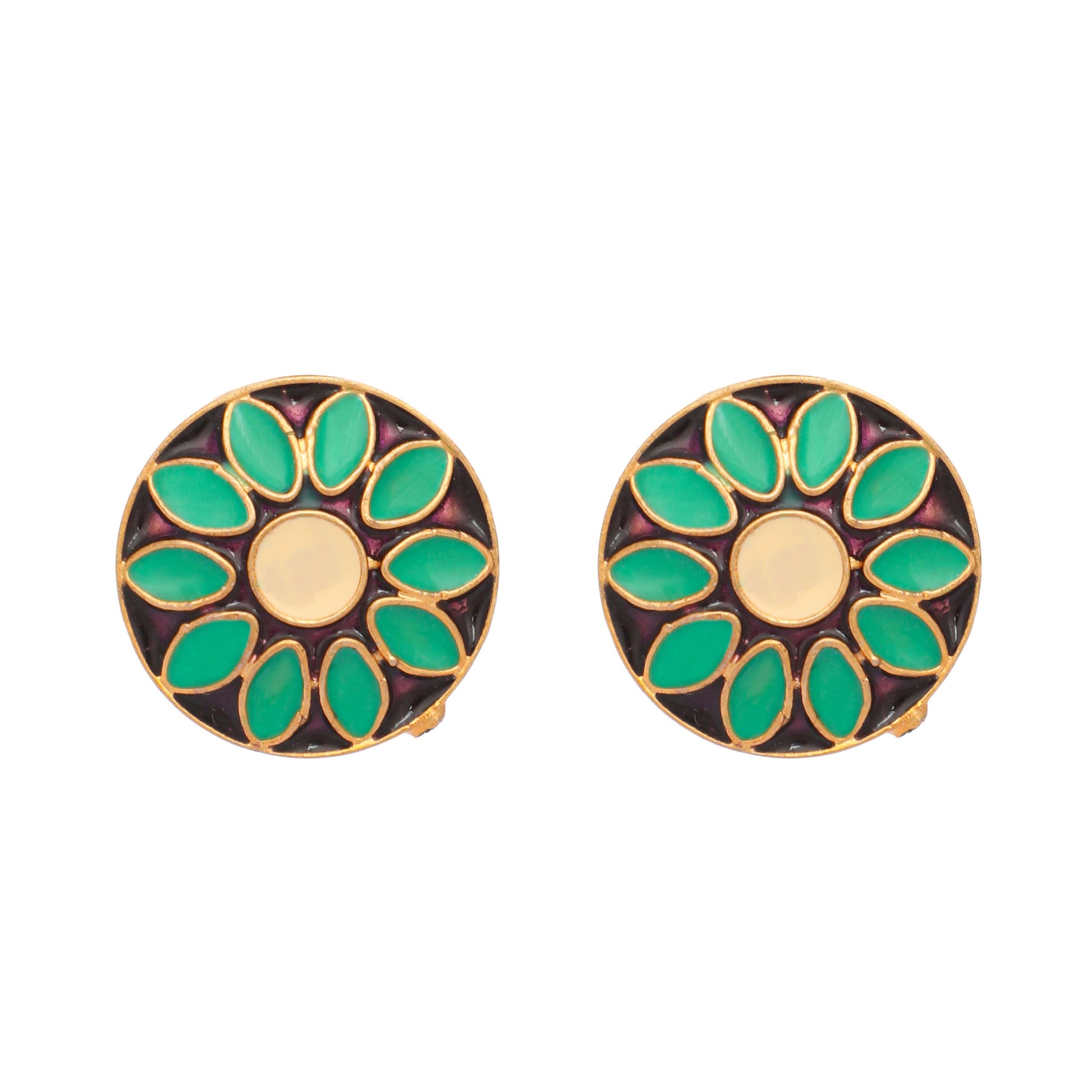 Nuyug 22K Gold Plated Circular Shaped Sea Green Enamelled Floral Motif Studs | Swadesiicart