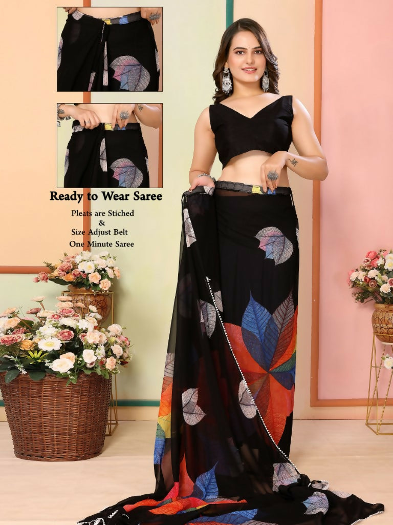 Black Georgette Designer Printed Ready To Wear Saree - Elite | Swadesiicart