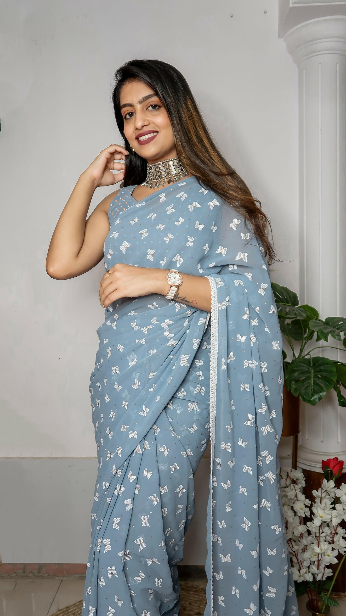 Vamsee Patangiyu Grey Georgette Saree - Swadesiicart