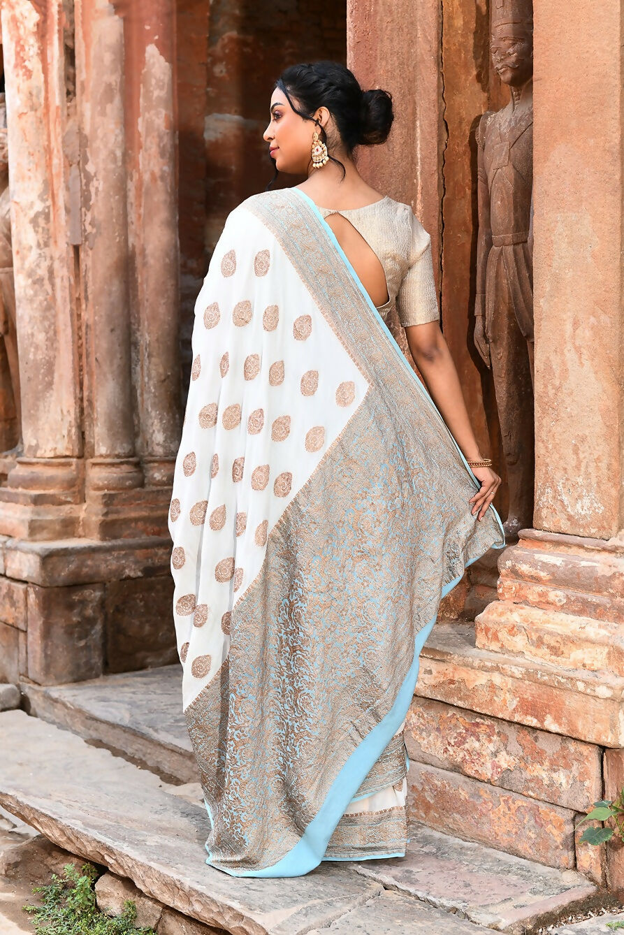 Joban Fashion Light Sky Blue Crepe Chiffon Pure Handloom Banarasi Silk Saree | Swadesiicart
