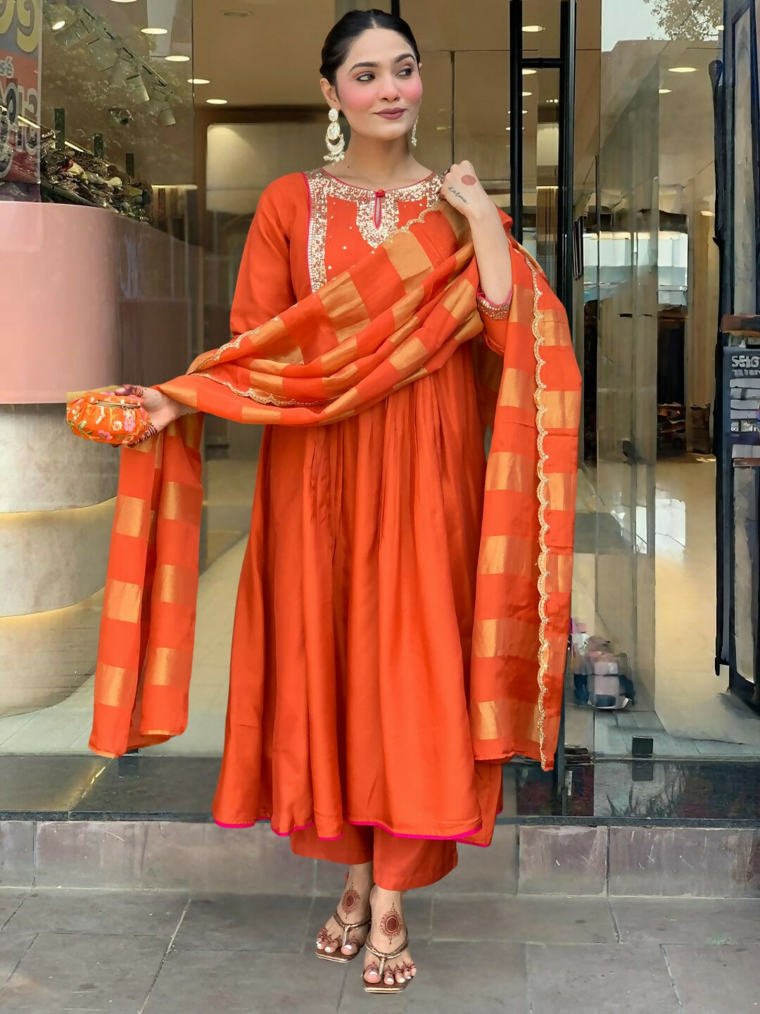 The52 Rust Women's Gorgeous Embroidered Work Chanderi Fabric Flared Kurta Pant and Dupatta Set - Swadesiicart