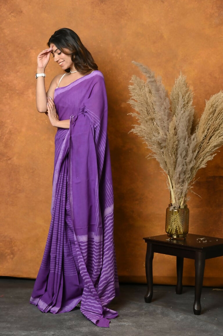 Very Much Indian Pure Cotton Handblock Printed Saree With Natural Dyes - Purple | Swadesiicart