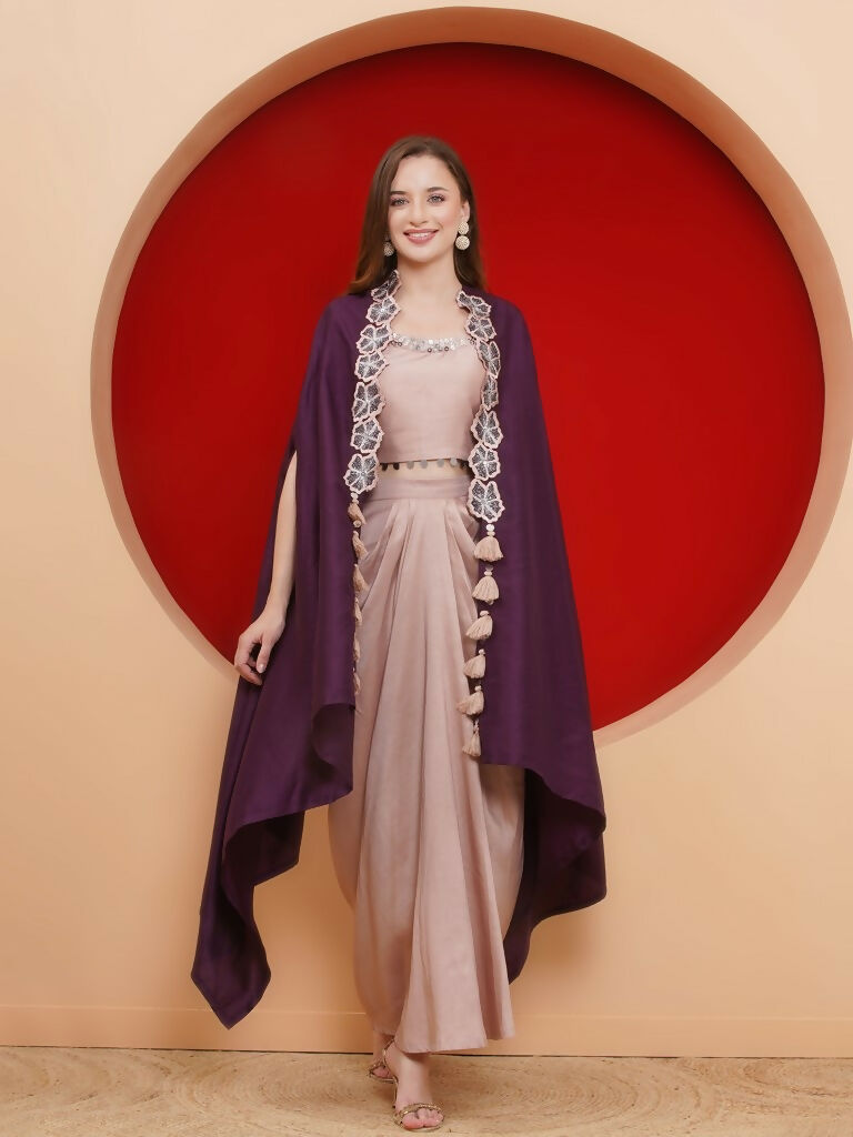 Joban Fashion Purple and Rose Gold Skirt set with Cape - Swadesiicart