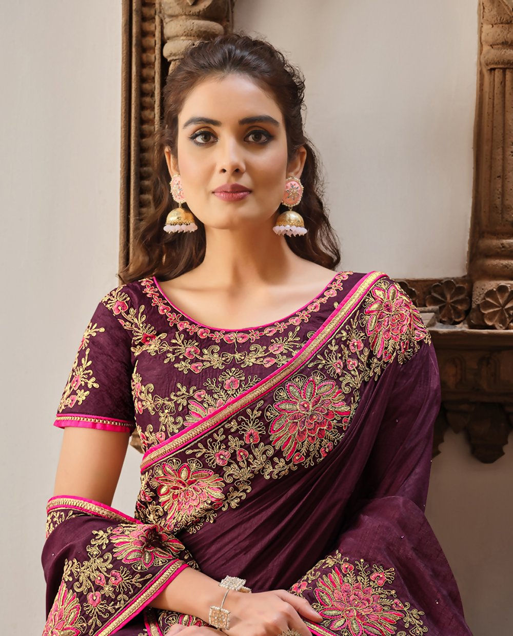 Purple Silk Georgettesilk Thread And Cord Embroidery. Tassels Saree - Norita Hit - Swadesiicart