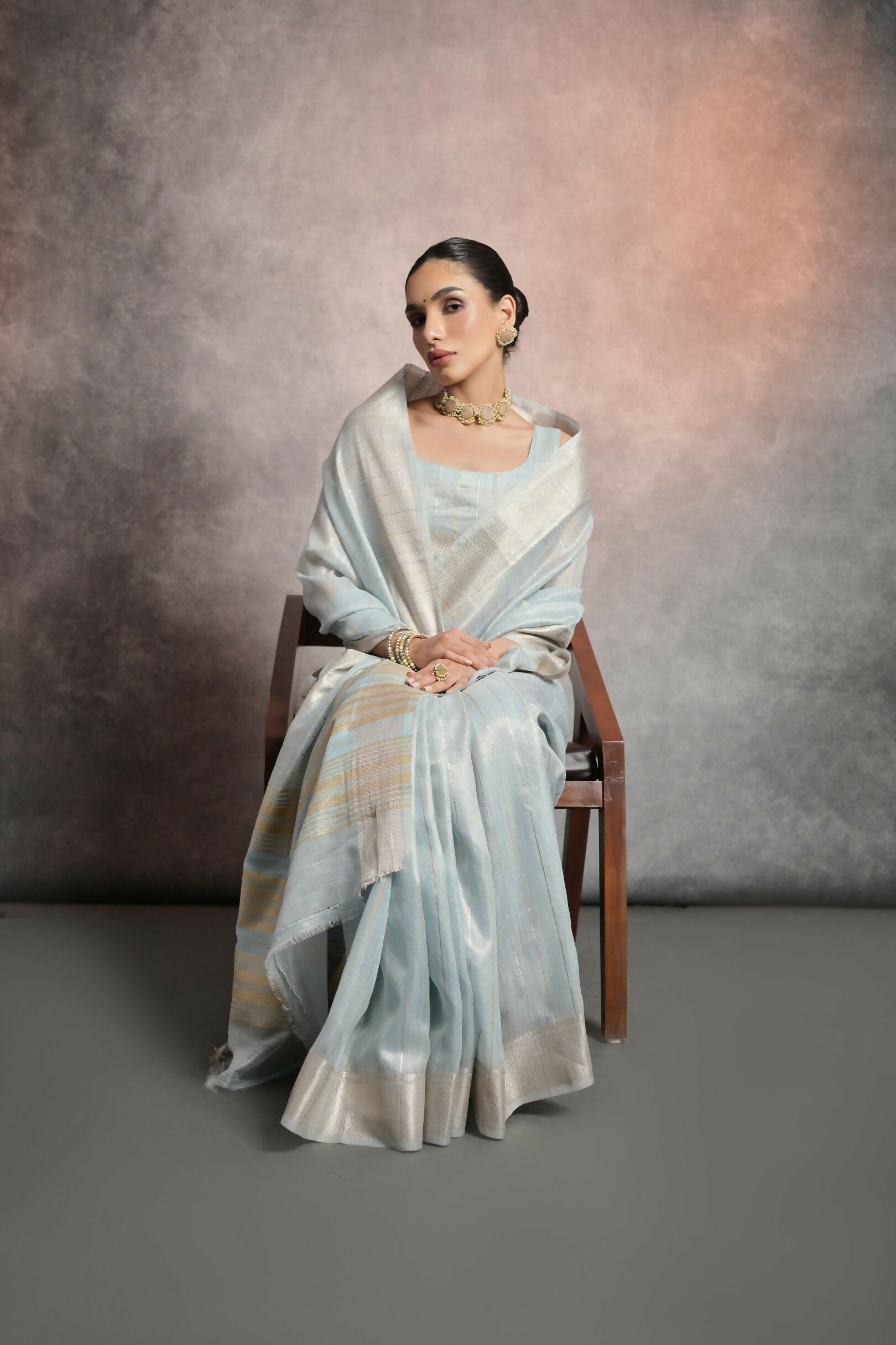 Vishnu Weaves Women's Firozi Tissue Linen Zari Woven Saree with Blouse - Swadesiicart