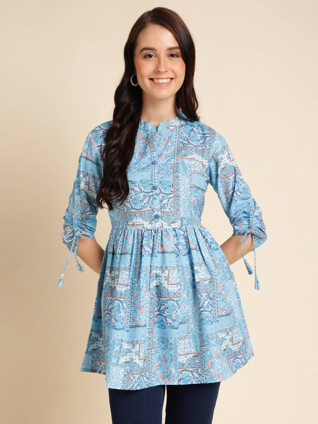 Light Blue Poly Rayon Digital Printed A-line Top - Tarini - Swadesiicart