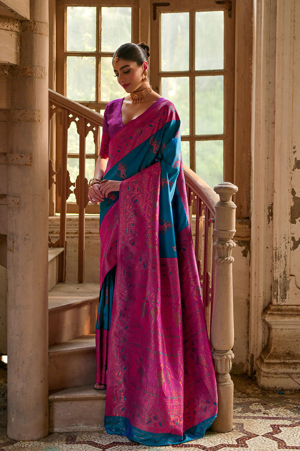 Vishnu Weaves Women's Firozi Banarasi Silk Kalamkari Zari Woven Saree with Blouse - Swadesiicart