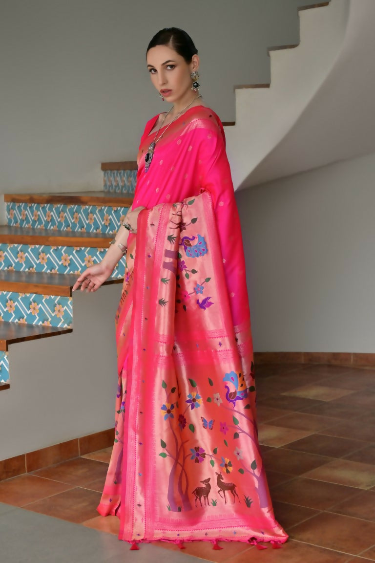 Vishnu Weaves Women's Pink Paithani Silk Zari Woven Saree with Blouse - Swadesiicart