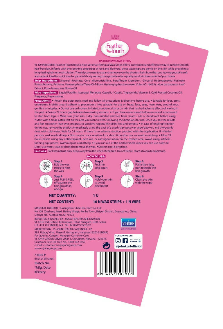 VI-JOHN Feather Touch Rose & Alevera Hair Removal Wax Strips for Normal Skin Praraben & Sulphate Free | Swadesiicart